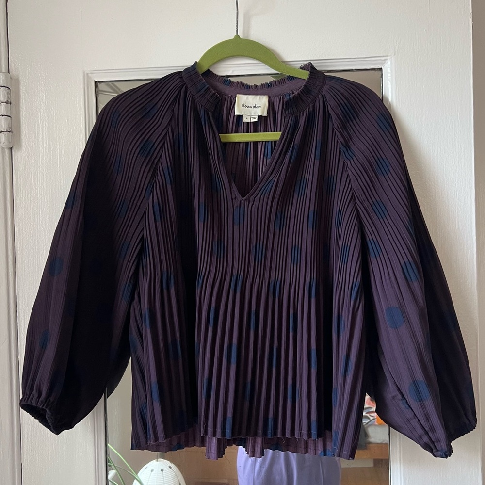 Steven Alan Chic Rare Rouched Dark Purple Polka Dot Blouse Top Sz. S